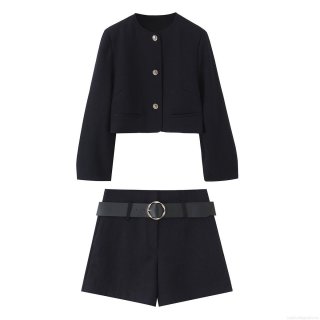 Women's Two Piece Shorts Set Polyester Gold Button Cropped Blazer And High Waist Shorts With Belt Casual Streetwear Autumn Fashion Outfit