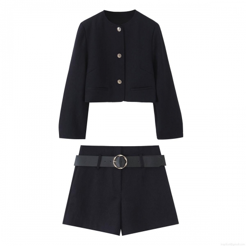 Women's Two Piece Shorts Set Polyester Gold Button Cropped Blazer And High Waist Shorts With Belt Casual Streetwear Autumn Fashion Outfit