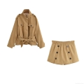 Women's Two Piece Khaki Cargo Set Short Windbreaker Jacket and Button Decoration Skort Shorts Streetwear Polyester Autumn Outfit with Waist Tie