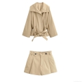 Women's Two Piece Outfits 100% Polyester Lapel Long Sleeve Trench Coat With Belt And High Waist Pleated Shorts Khaki Casual Streetwear Suit Autumn Set