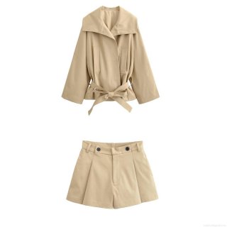 Women's Two Piece Outfits 100% Polyester Lapel Long Sleeve Trench Coat With Belt And High Waist Pleated Shorts Khaki Casual Streetwear Suit Autumn Set