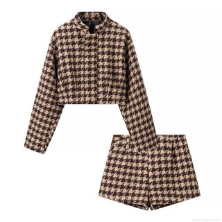 Women's European Street Style Houndstooth Two-Piece Set Short Tweed Jacket Stand Collar Top and High Waist Wide Leg Shorts Fall Winter Outfits