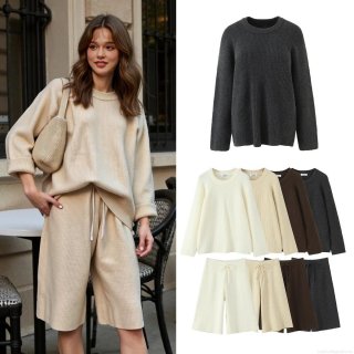 Women's Knitting Two-Piece Set Acrylic Polyester Nylon Ribbed Knit Round Neck Long Sleeve Sweater With Drawstring Wide Leg Shorts Casual Winter Loungewear Outfit