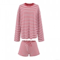 Women's Two Piece Red White Striped Lounge Set Casual Cotton Blend 95 Cotton 5 Spandex Long Sleeve Round Neck T-Shirt And Drawstring Shorts Sleepwear Set For Women