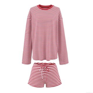 Women's Two Piece Red White Striped Lounge Set Casual Cotton Blend 95 Cotton 5 Spandex Long Sleeve Round Neck T-Shirt And Drawstring Shorts Sleepwear Set For Women