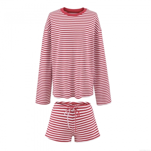 Women's Two Piece Red White Striped Lounge Set Casual Cotton Blend 95 Cotton 5 Spandex Long Sleeve Round Neck T-Shirt And Drawstring Shorts Sleepwear Set For Women
