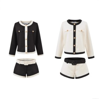 Women Elegant Contrast Trim Tweed Knit Jacket and Belted Shorts Two Piece Set with Gold Buttons Chic Vintage Style Outfits Polyester Blend