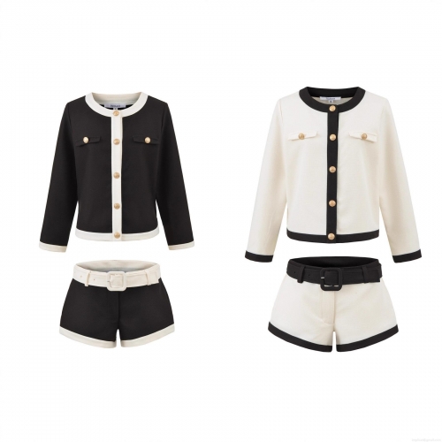 Women Elegant Contrast Trim Tweed Knit Jacket and Belted Shorts Two Piece Set with Gold Buttons Chic Vintage Style Outfits Polyester Blend