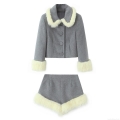 Women's Two Piece Set Faux Fur Trim Crop Jacket And Shorts Set Grey Polyester Winter Streetwear Elegant Outfit For Women