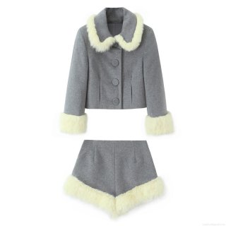 Women's Two Piece Set Faux Fur Trim Crop Jacket And Shorts Set Grey Polyester Winter Streetwear Elegant Outfit For Women