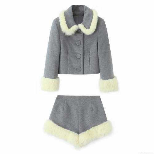 Women's Two Piece Set Faux Fur Trim Crop Jacket And Shorts Set Grey Polyester Winter Streetwear Elegant Outfit For Women