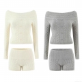 Women's 2 Piece Knit Set Off-Shoulder Cable Knit Single-Breasted Sweater and High Waist Shorts Outfits Autumn Winter Casual Street Style Knitted Co-ords