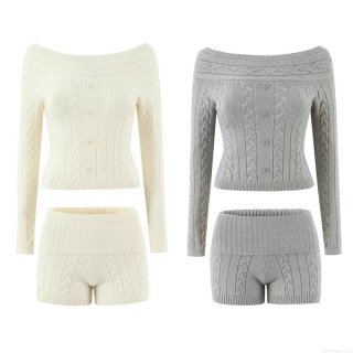 Women's 2 Piece Knit Set Off-Shoulder Cable Knit Single-Breasted Sweater and High Waist Shorts Outfits Autumn Winter Casual Street Style Knitted Co-ords