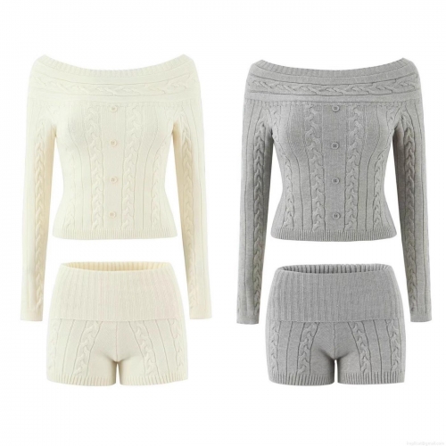 Women's 2 Piece Knit Set Off-Shoulder Cable Knit Single-Breasted Sweater and High Waist Shorts Outfits Autumn Winter Casual Street Style Knitted Co-ords