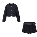 Women's Elegant 2-Piece Suit Set Solid Black Round Neck Short Blazer Jacket and High Waist Belted Shorts Outfit Streetwear for Autumn Lady