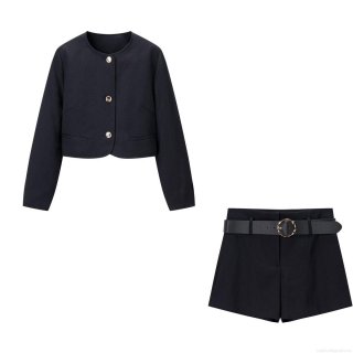 Women's Elegant 2-Piece Suit Set Solid Black Round Neck Short Blazer Jacket and High Waist Belted Shorts Outfit Streetwear for Autumn Lady