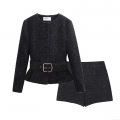 Women's Elegant Black Tweed Blazer Jacket and Shorts Set With Metal Buckle Belt Two Piece Outfits For Autumn Winter Office Party Lady Casual Streetwear