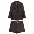 Women's Two Piece Blazer Set Double Breasted Lapel Long Sleeve Jacket With Belted Shorts Elegant Solid Color Dark Brown Office Lady Autumn Outfit