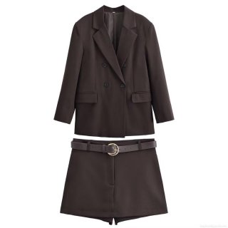 Women's Two Piece Blazer Set Double Breasted Lapel Long Sleeve Jacket With Belted Shorts Elegant Solid Color Dark Brown Office Lady Autumn Outfit