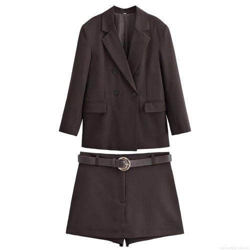 Women's Two Piece Blazer Set Double Breasted Lapel Long Sleeve Jacket With Belted Shorts Elegant Solid Color Dark Brown Office Lady Autumn Outfit