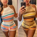 Women's 2 Piece Knit Crochet Shorts Set Rainbow Stripe Backless Halter Neck Crop Top and Drawstring Shorts Summer Vacation Beachwear
