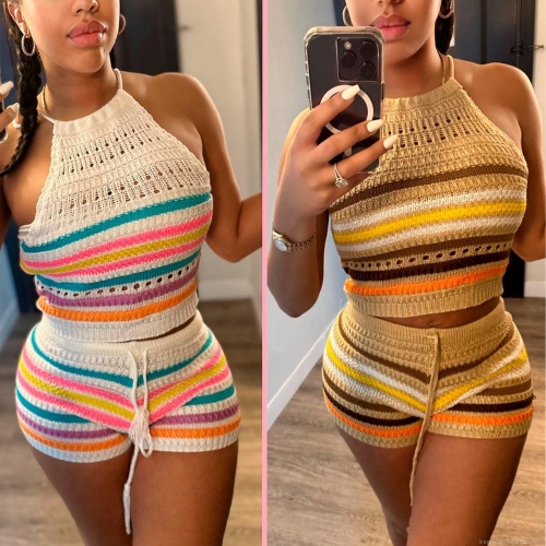 Women's 2 Piece Knit Crochet Shorts Set Rainbow Stripe Backless Halter Neck Crop Top and Drawstring Shorts Summer Vacation Beachwear