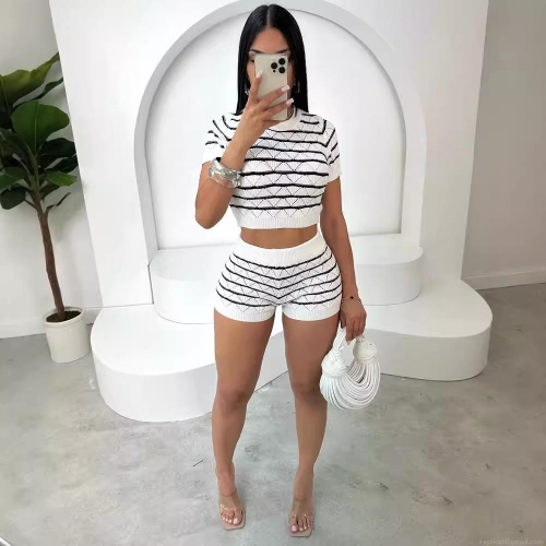 Women's Knit Two Piece Shorts Set Wavy Striped Round Neck Short Sleeve Crop Top Bodycon High Waist Shorts Summer Casual Beach Outfits