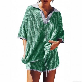 Women Striped Knitwear Two Piece Set Casual V-Neck Half Sleeve Top and High Waist Shorts Loungewear Viscose Knitted Comfortable Tracksuit Home Wear