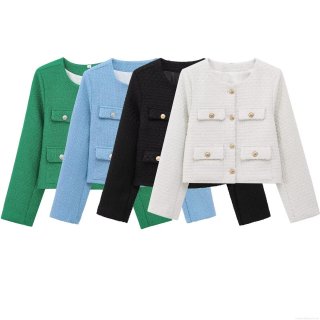 Women's Elegant Tweed Jacket And High Waisted Skort Two Piece Set Textured Round Neck Long Sleeve Coat With Metal Buttons For Party Office