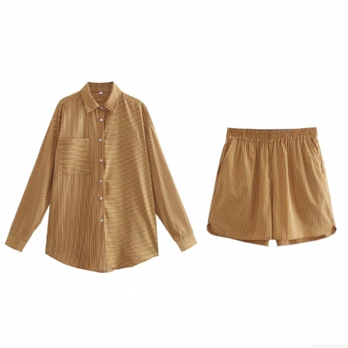 Women's Striped Two Piece Casual Set Long Sleeve Button Up Shirt With Pocket And Elastic Waist Wide Leg Shorts Outfit Loose Polyester Streetwear Summer Lounge Set