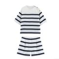 Women's Casual Striped Two Piece Set Round Neck Short Sleeve Top With Shoulder Button Decor And Matching High Waist Shorts Summer 2025 Soft Knit Fabric Outfit