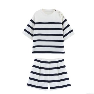 Women's Casual Striped Two Piece Set Round Neck Short Sleeve Top With Shoulder Button Decor And Matching High Waist Shorts Summer 2025 Soft Knit Fabric Outfit