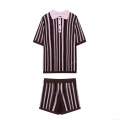Women's Retro Striped Knit Two-Piece Shorts Set Hollow Out Short Sleeve Polo Shirt And Drawstring Shorts Casual Summer Lounge Wear Outfit