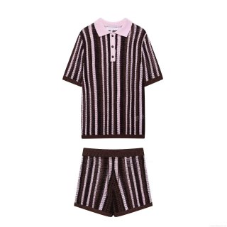 Women's Retro Striped Knit Two-Piece Shorts Set Hollow Out Short Sleeve Polo Shirt And Drawstring Shorts Casual Summer Lounge Wear Outfit