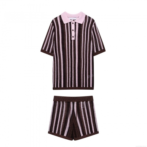 Women's Retro Striped Knit Two-Piece Shorts Set Hollow Out Short Sleeve Polo Shirt And Drawstring Shorts Casual Summer Lounge Wear Outfit
