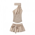 Women Plaid 2 Piece Set Halter Backless Crop Top And Bow Belt Skort Set Cotton Blend Gingham Summer Sexy Outfit For Women Casual Party Wear