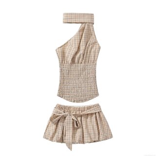 Women Plaid 2 Piece Set Halter Backless Crop Top And Bow Belt Skort Set Cotton Blend Gingham Summer Sexy Outfit For Women Casual Party Wear
