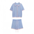 Women's Two Piece Knit Clothing Set Casual Hollow Out Contrast Trim Polo Shirt and Drawstring Shorts Summer Breathable Cotton Knit Outfits for Women