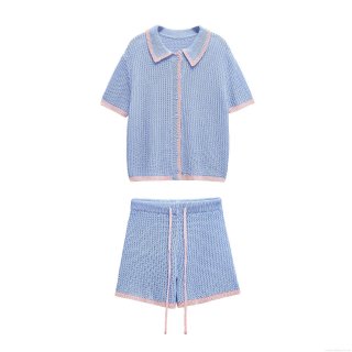 Women's Two Piece Knit Clothing Set Casual Hollow Out Contrast Trim Polo Shirt and Drawstring Shorts Summer Breathable Cotton Knit Outfits for Women