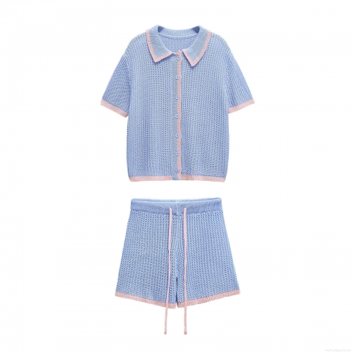 Women's Two Piece Knit Clothing Set Casual Hollow Out Contrast Trim Polo Shirt and Drawstring Shorts Summer Breathable Cotton Knit Outfits for Women