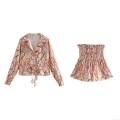 Women Multi Color Paisley Print Shorts Set Long Sleeve Tie Front Lapel Shirt High Waist Elastic Waist Shorts Resort Vacation Two Piece Set Outfits