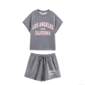 Women's Casual Cotton Blend Short Sleeve Sweatshirt And Drawstring Shorts Set Retro Letter Print Loose Summer Loungewear Sportswear Two Piece Set