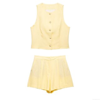 Women's Summer Fashion Slim Sleeveless Vest And High Waist Wide Leg Shorts Two Piece Set 100% Polyester Solid Color Button Up Co-ord Outfits