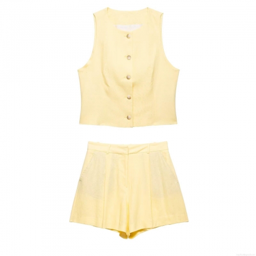 Women's Summer Fashion Slim Sleeveless Vest And High Waist Wide Leg Shorts Two Piece Set 100% Polyester Solid Color Button Up Co-ord Outfits