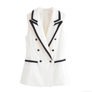 Women's Contrast Trim Double Breasted Lapel Sleeveless Vest And High Waist Shorts Two Piece Set Business Casual Office Wear Separates