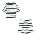 Women's Casual Stripe Two Piece Set Double Breasted Short Sleeve Top And Matching Shorts 100% Polyester Summer Fashion Outfit For Daily Commuting Office Lady