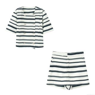 Women's Casual Stripe Two Piece Set Double Breasted Short Sleeve Top And Matching Shorts 100% Polyester Summer Fashion Outfit For Daily Commuting Office Lady