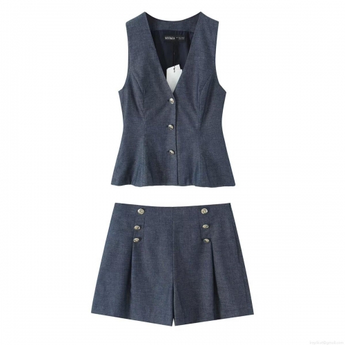 Women Fashion Linen Casual Two Piece Set Sleeveless V-Neck Slim Waist Vest Waistcoat And High Waist Button Decor Shorts Solid Navy Blue Summer Outfit For Women