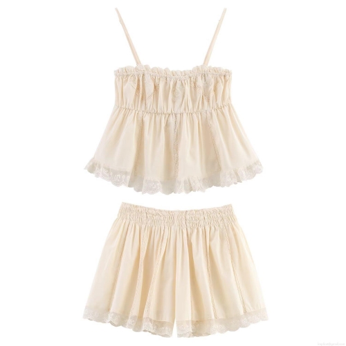 Women's 2 Piece Summer Shorts Set Cotton Blend Lace Embroidery Camisole Top and High Waist Shorts Casual Loungewear Sweet Retro Outfit
