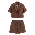 Women's Casual Short Sleeve Blazer Shorts Set Cotton Linen Feel Two-Piece Summer Suit Drawstring Beaded Waist High Waist Shorts Solid Brown Daily Wear